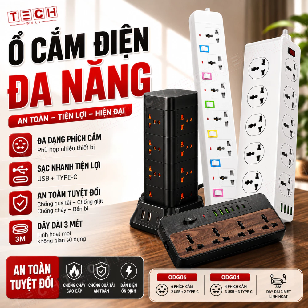 Ổ Cắm Điện Hình Tam Giác, 10 Ổ Cắm 3 USB 1 Sạc Type C, Chịu Tải 3000W, Nhựa PC Cao Chống Giật