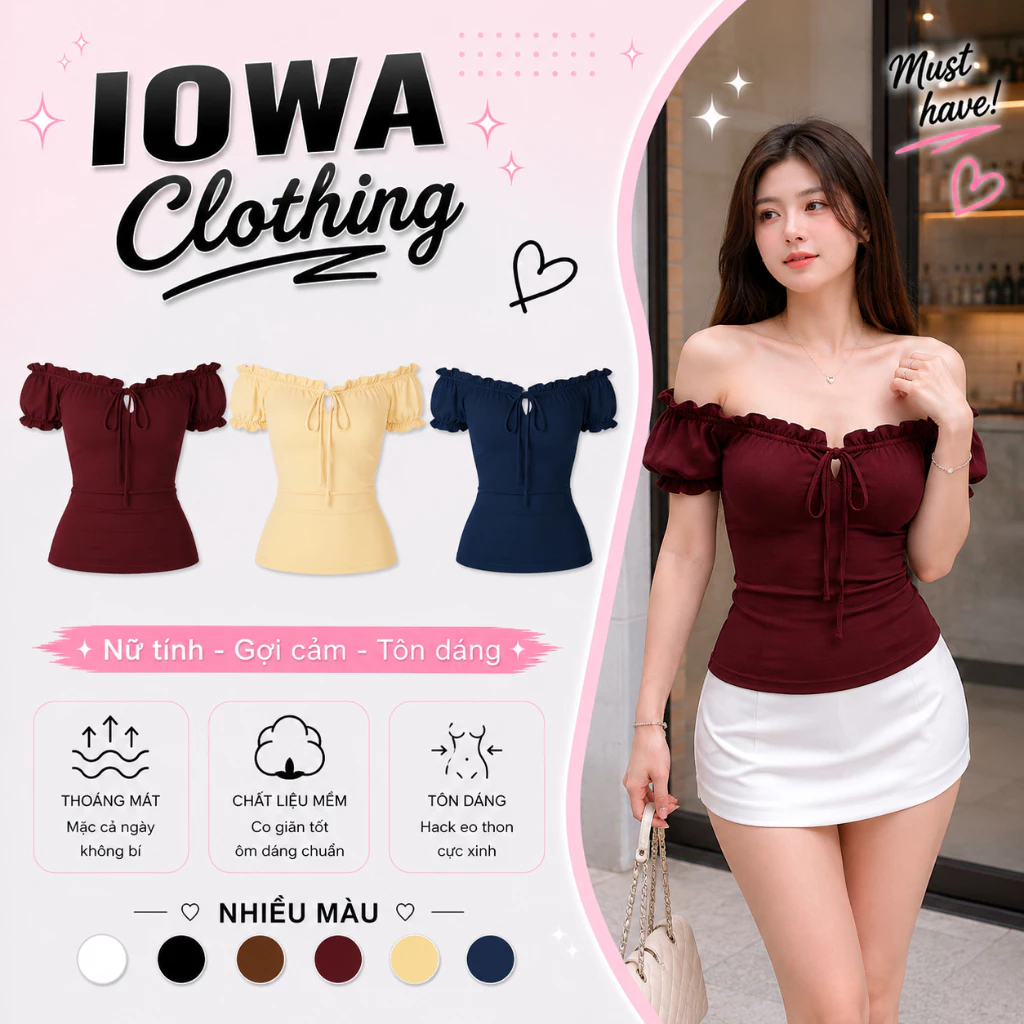 Áo Thun Nữ Trễ Vai Tay Bèo Nhún Cổ Vuông Mặc 2 Kiểu IOWA DD107 - Thun Borip Lụa Mềm Mịn, Ôm Body