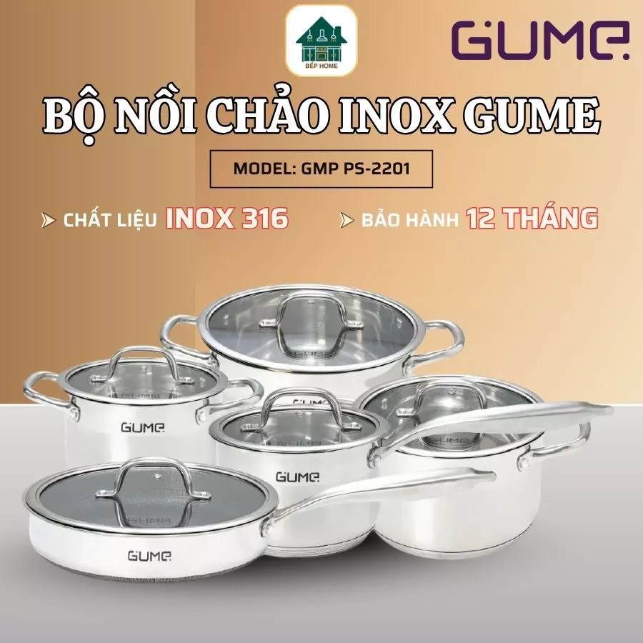 Bộ Nồi Chảo GUME, Nồi Inox Với đáy 5 Lớp Phù Hợp Với Mọi Loại Bếp - Bếp Home