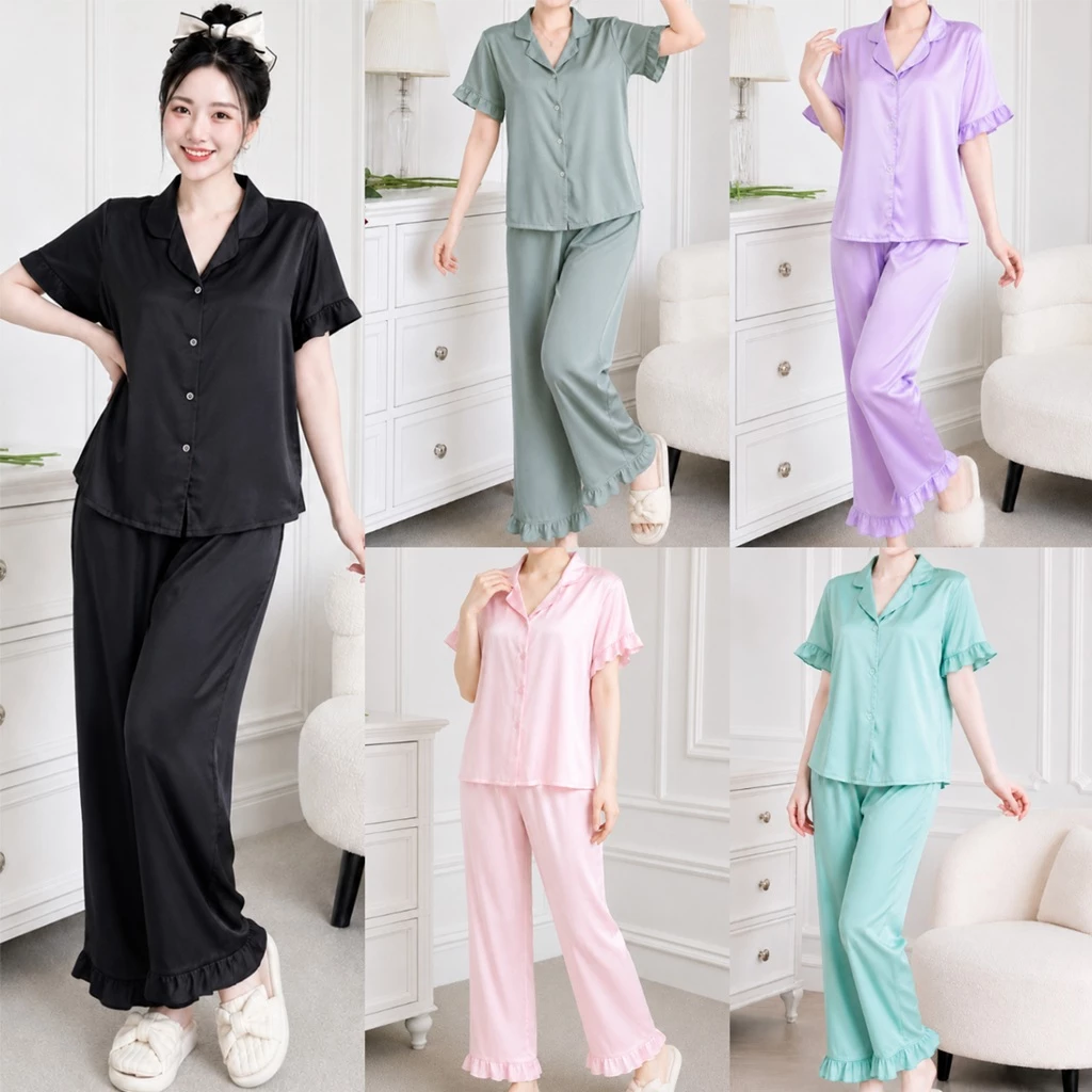 Bộ Ngủ Mặc Nhà Cộc Tay, Quần dài Phối Bèo Lụa Trơn Cao Cấp, Pyjama Mặc Dễ Chịu Thoáng Mát B07
