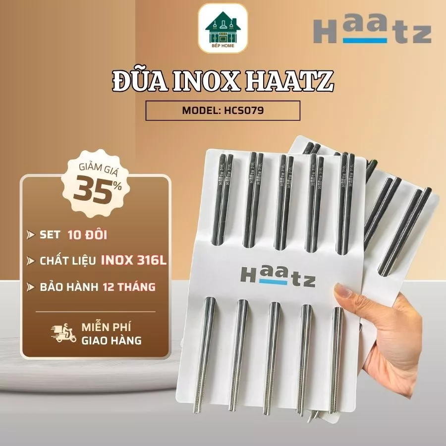 Đũa Inox 316 Haatz Chính Hãng, 10 Đôi Cầm Chắc Chịu Nhiệt Tốt Không Lo Ẩm Mốc Biến Dạng - Bếp Home