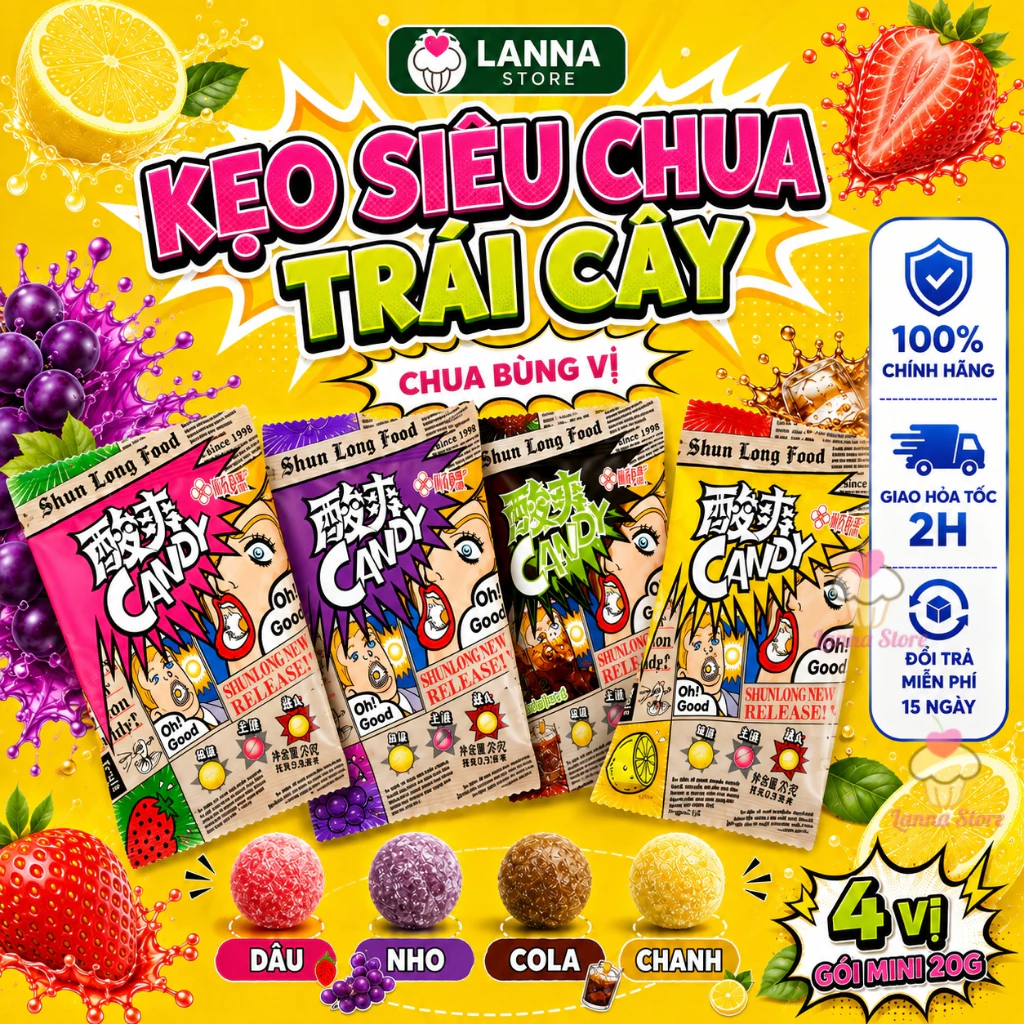 【COMBO 2 GÓI 】Kẹo Siêu Chua Super Cola Soda Lemon Dâu Nho  Vị Trái Cây Ăn Vặt - Gói 20G