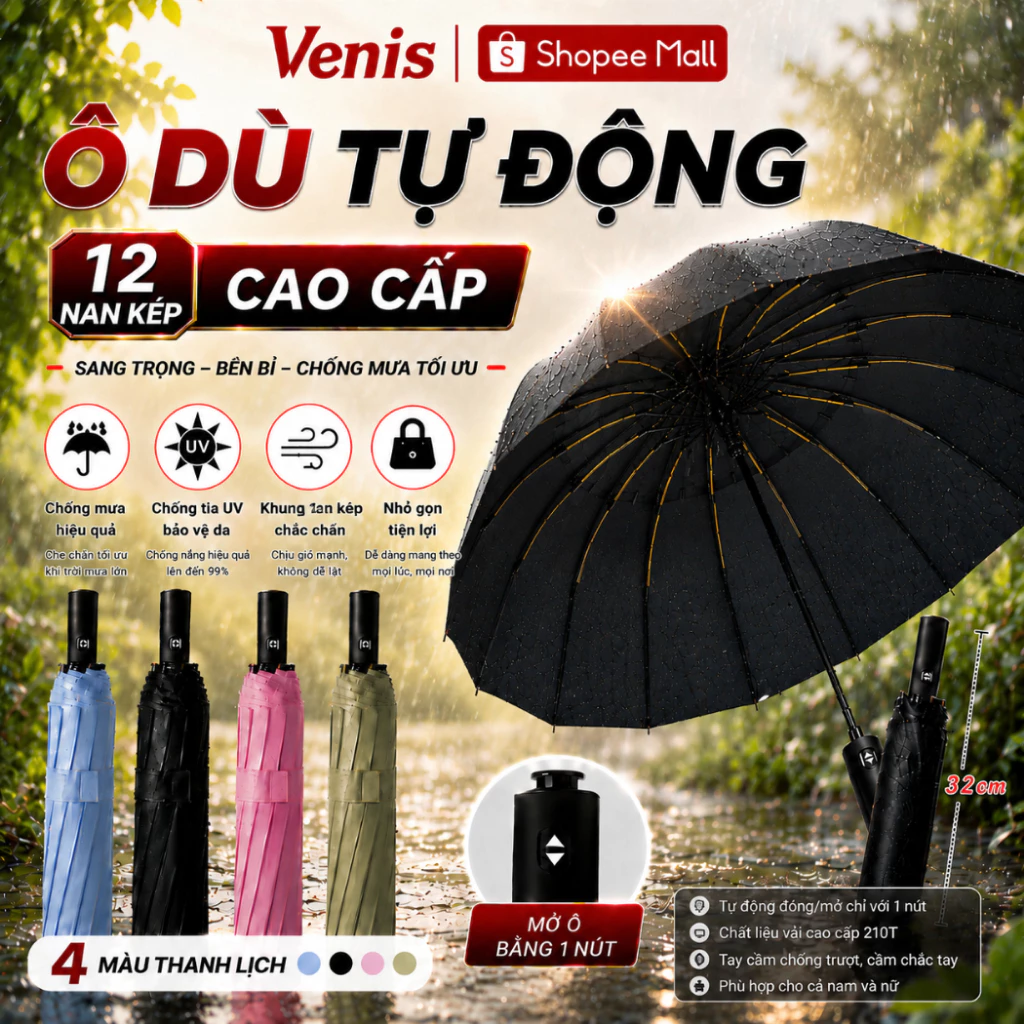 Ô Dù Che Mưa 12 Nan Kép Cỡ Lớn 108cm, Dù Mở Tự Động Chống Gió Che Nắng Chống Tia UV Cho Nam Nữ