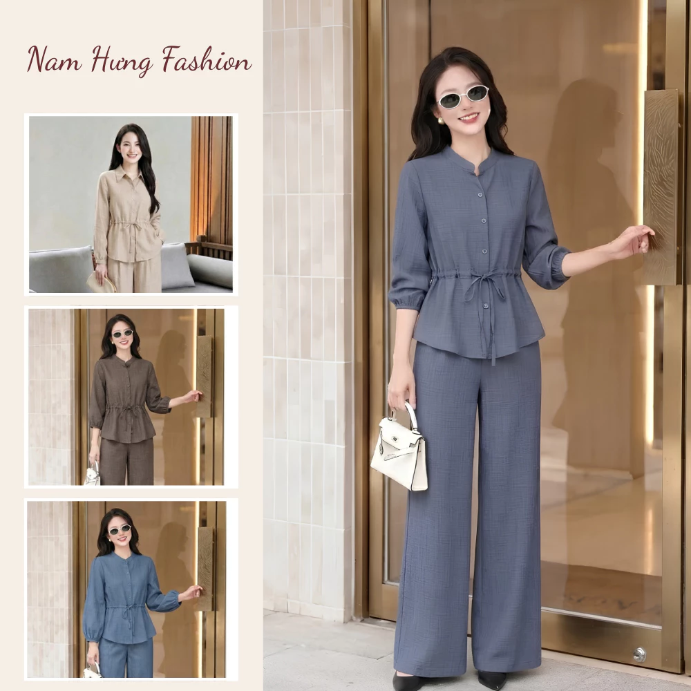 Set đũi vân mây cổ tàu thắt eo tôn dáng kèm quần ống duông dáng dài thanh lịch - Nam Hưng fashion