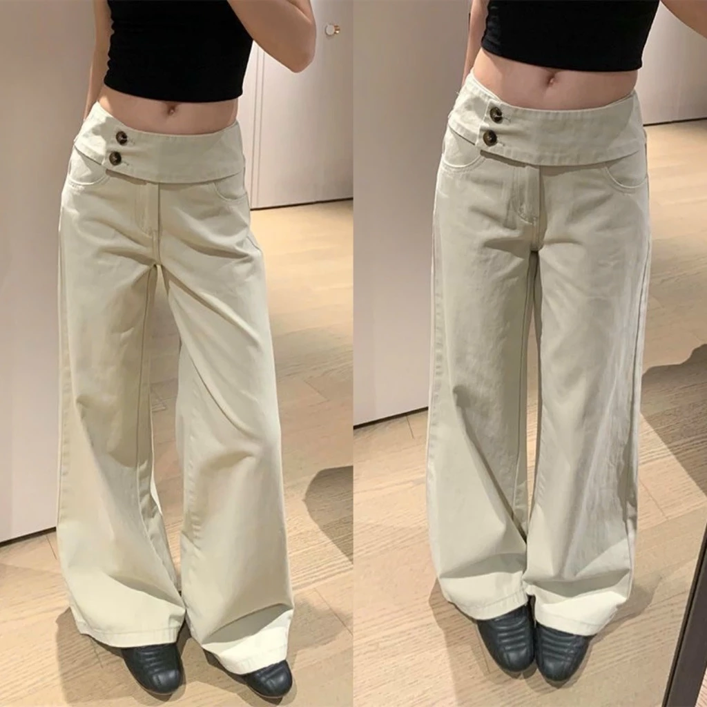 Quần kaki cạp trễ dáng rộng màu kem be phối khuy cài lệch QKK016 - TikTik