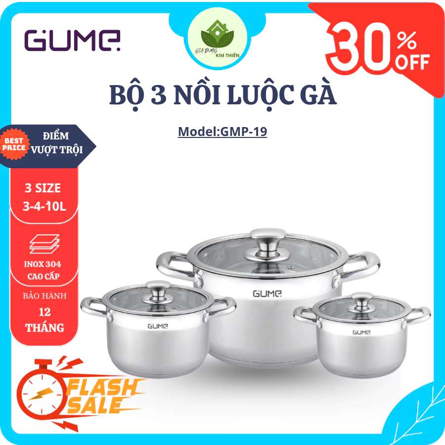 Bộ 3 Nồi Luộc Gà GUME GMP19 Inox 304, Size 18cm - 20cm - 28cm, Nắp Kính Cường Lực - Gia Dụng Kim Thiên