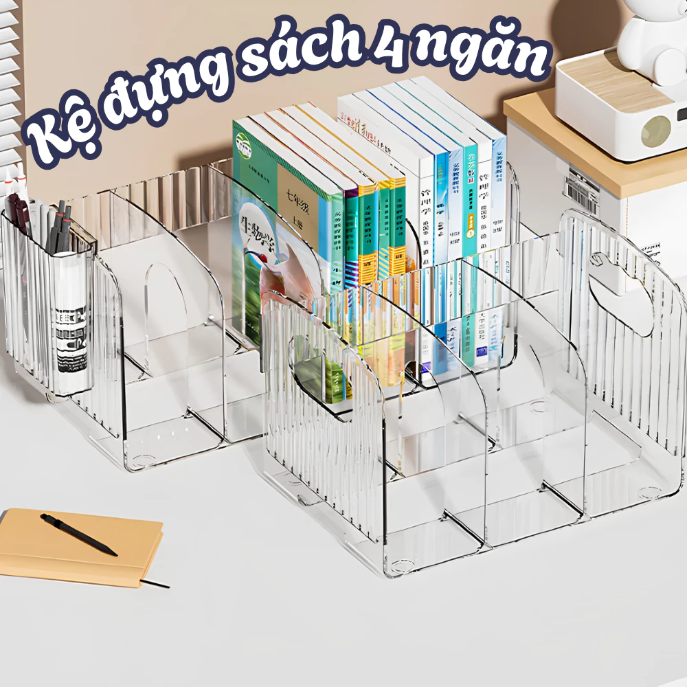 Kệ Sách 4 Ngăn Để Bàn Trong Suốt Kèm Hộp Đựng Bút, Kệ Đựng Sách Vở Tài Liệu Văn Phòng