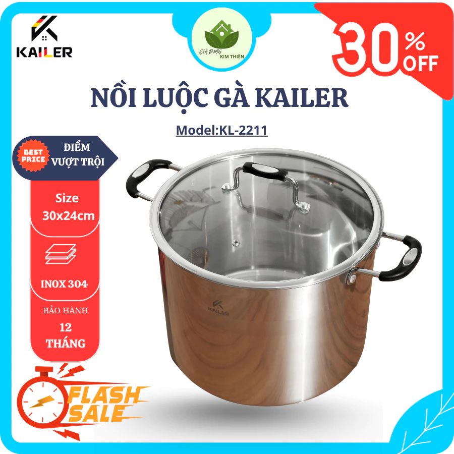 Nồi Inox Kailer KL-2211 Size 30cm, 16L, 2 Quai Cầm Chắc Chắn, Nắp Kính Tiện Quan Sát - Gia Dụng Kim Thiên