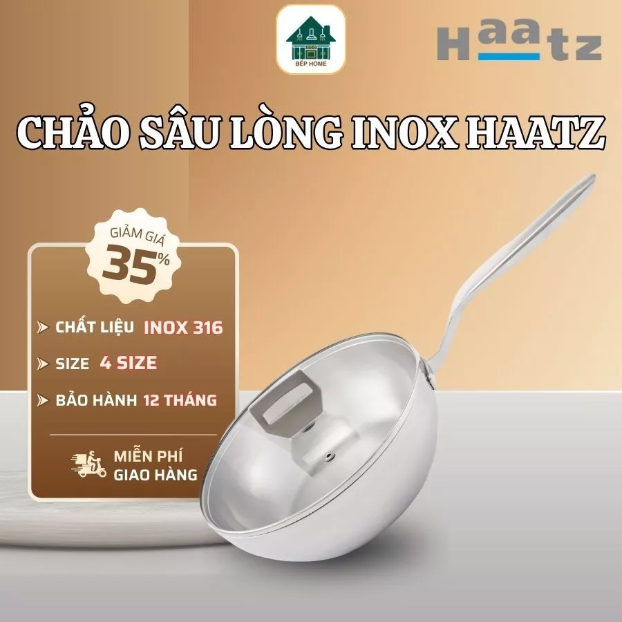 Chảo Sâu Lòng Inox Haatz Kiểu Dáng Hiện Đại Sang Trọng, Có Vung Kính Dễ Dàng Quan Sát Đồ Ăn - Bếp Home