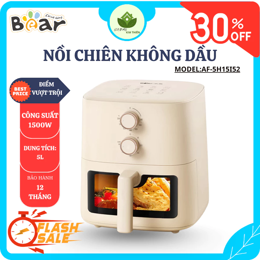 Nồi Chiên Không Dầu Bear AF-5H15I52 5L, Cửa Kính Trong Suốt, Điều Chỉnh 80-200°C, Hẹn Giờ 60 Phút - Gia Dụng Kim Thiên