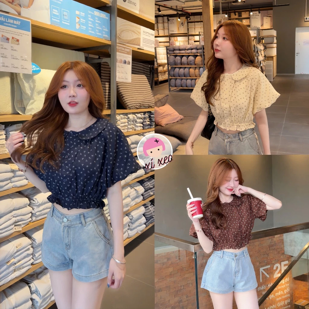 Áo sơ mi cộc tay họa tiết hoa nhí  XIXEOSHOP dáng croptop tay bồng chun dưới phong cách tiểu thư - A13,A4