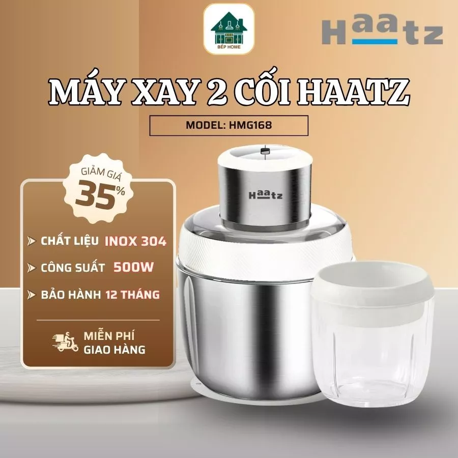 Máy Xay 2 Cối Haatz HMG168 Thiết Kế Nhỏ Gọn Hiện Đại, Xay Thịt Cá Rau Củ Nhanh Chóng Hiệu Quả- Bếp Home