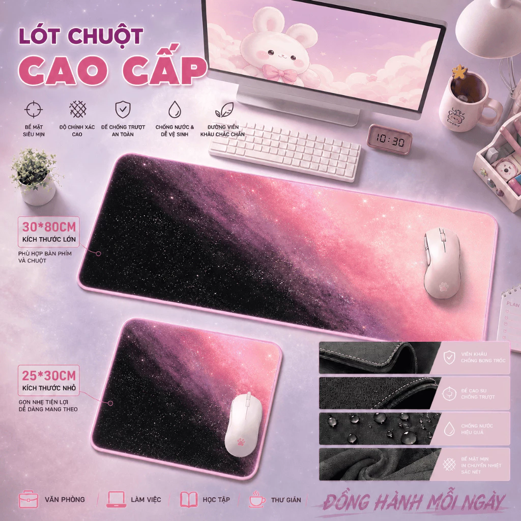 Lót chuột Galaxy hồng tím, họa tiết vũ trụ, chống trơn, dùng gaming & làm việc cho nữ game thủ, size 80*30 & 25*30.