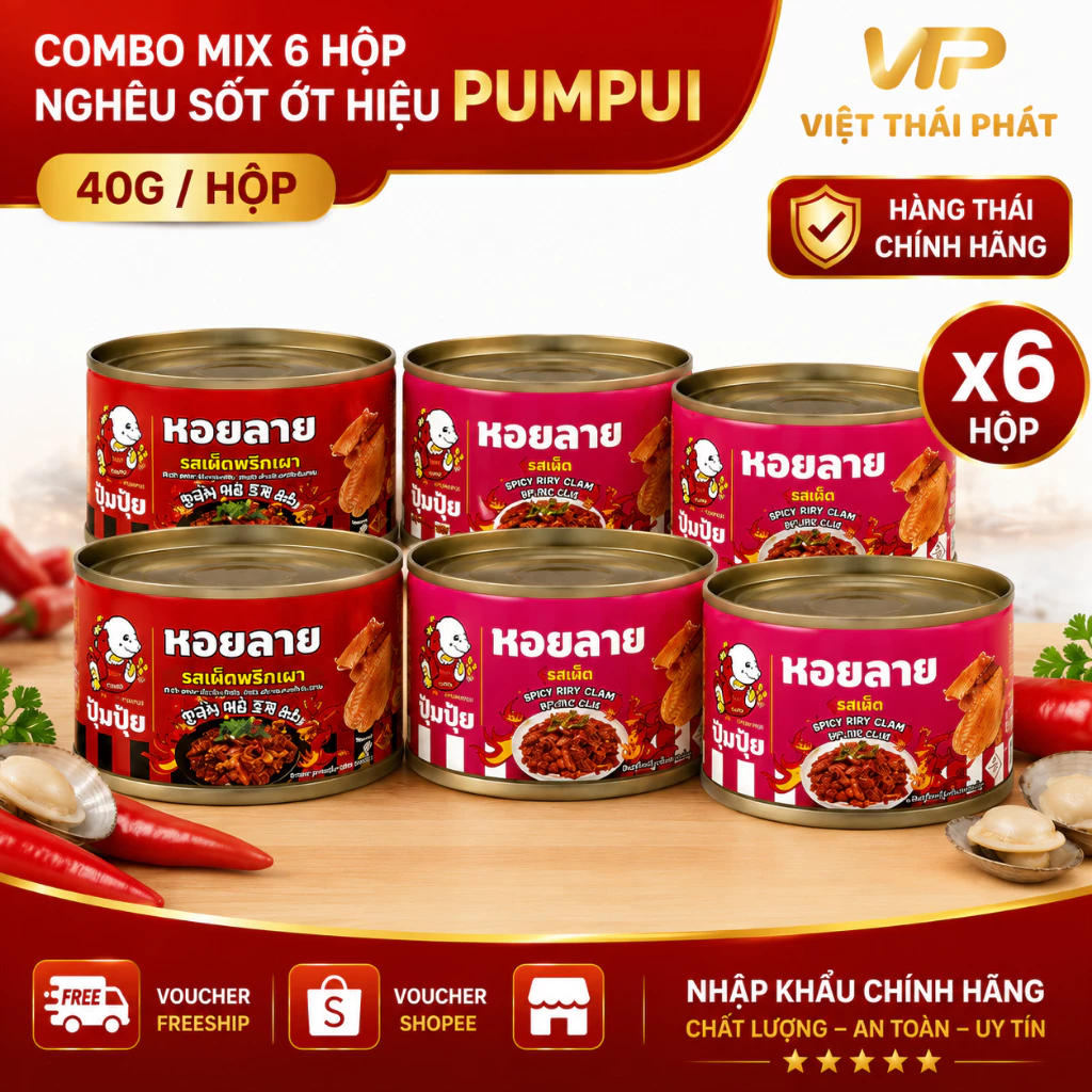 [ Combo Mix 6 Lon ] Nghêu Sốt Ớt Pumpui | Việt Thái Phát – Hàng Thái Chính Hãng (40g/lon)