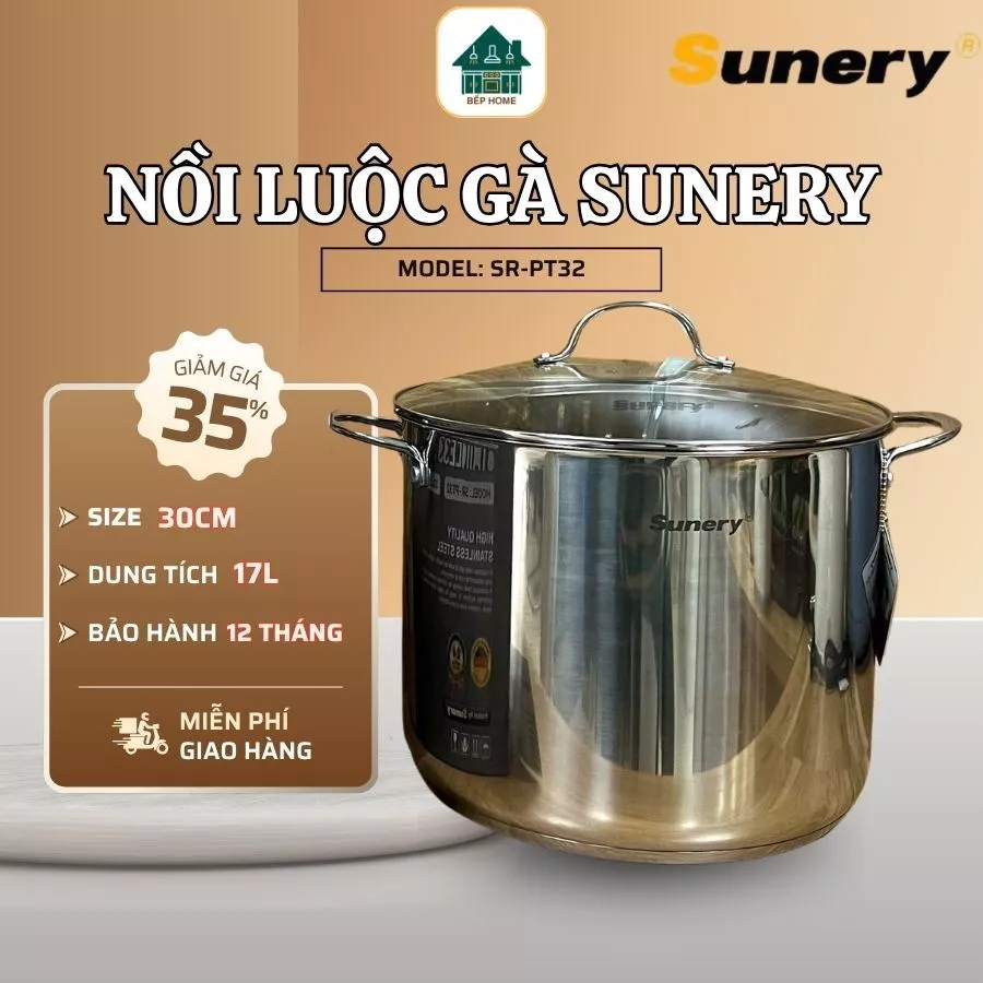 Nồi Luộc Gà Sunery Inox 304 Dày Dặn An Toàn Cho Sức Khỏe, Dùng Cho Mọi Loại Bếp Từ Gas Hồng Ngoại - Bếp Home