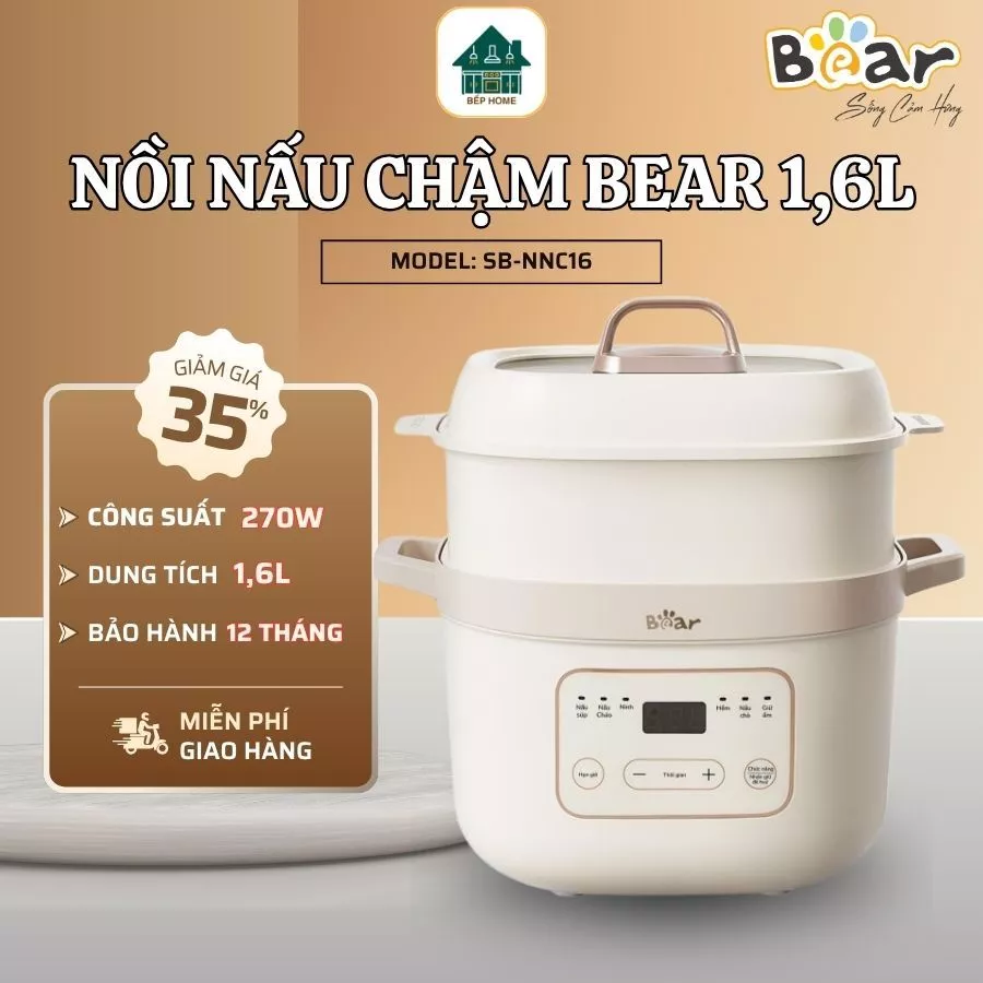 Nồi Nấu Chậm Bear SB-NNC16 1.6L Bảng Điều Khiển Tiếng Việt Dễ Dùng, Phù Hợp Gia Đình Hiện Đại - Bếp Home