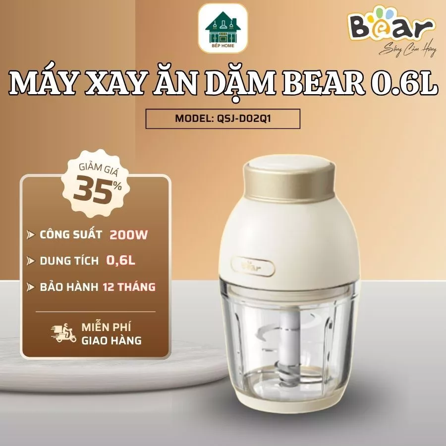Máy Xay Ăn Dặm Bear QSJ-D02Q1 Dung Tích 0.6L Xay Nhanh Thực Phẩm Mềm Mịn, Hỗ Trợ Ăn Dặm Cho Bé - Bếp Home