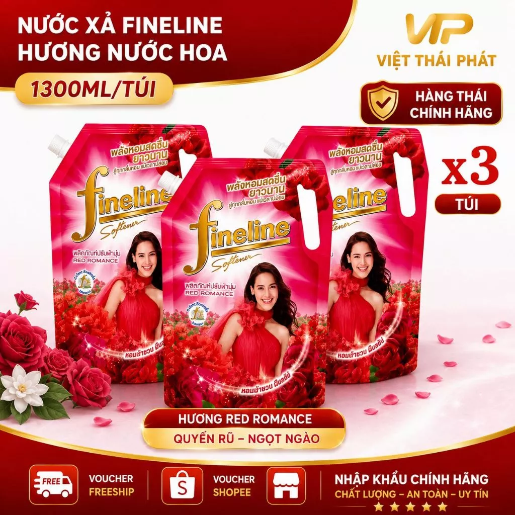 [ Combo 3 Túi ] Nước xả quần áo Fineline hương nước hoa | Việt Thái Phát - Hàng Thái Chính Hãng (1300ml/túi)