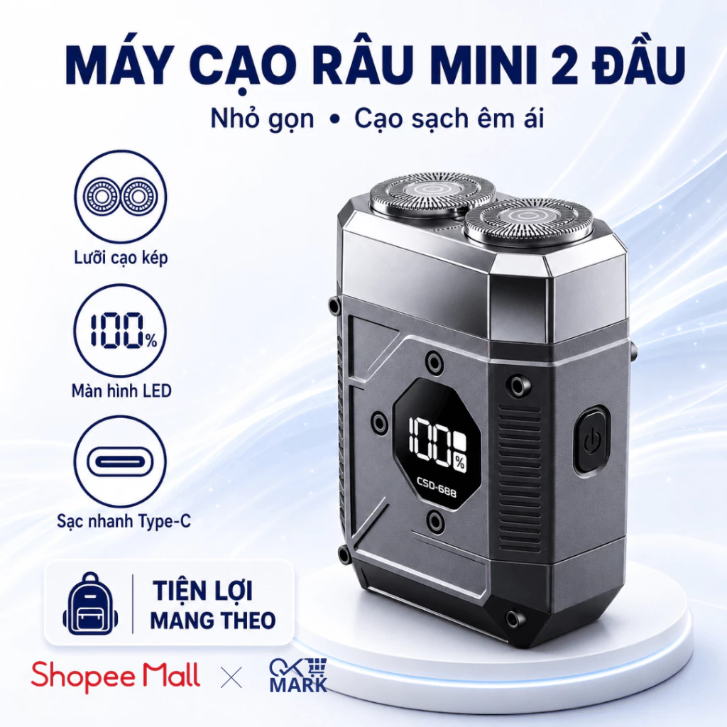 Máy Cạo Râu Mini 5D Thiết Kế Động Cơ Tốc Độ Cao, Cạo Khô Ướt Êm Da, Sạc Type-C, Màn Hình Led Báo Pin