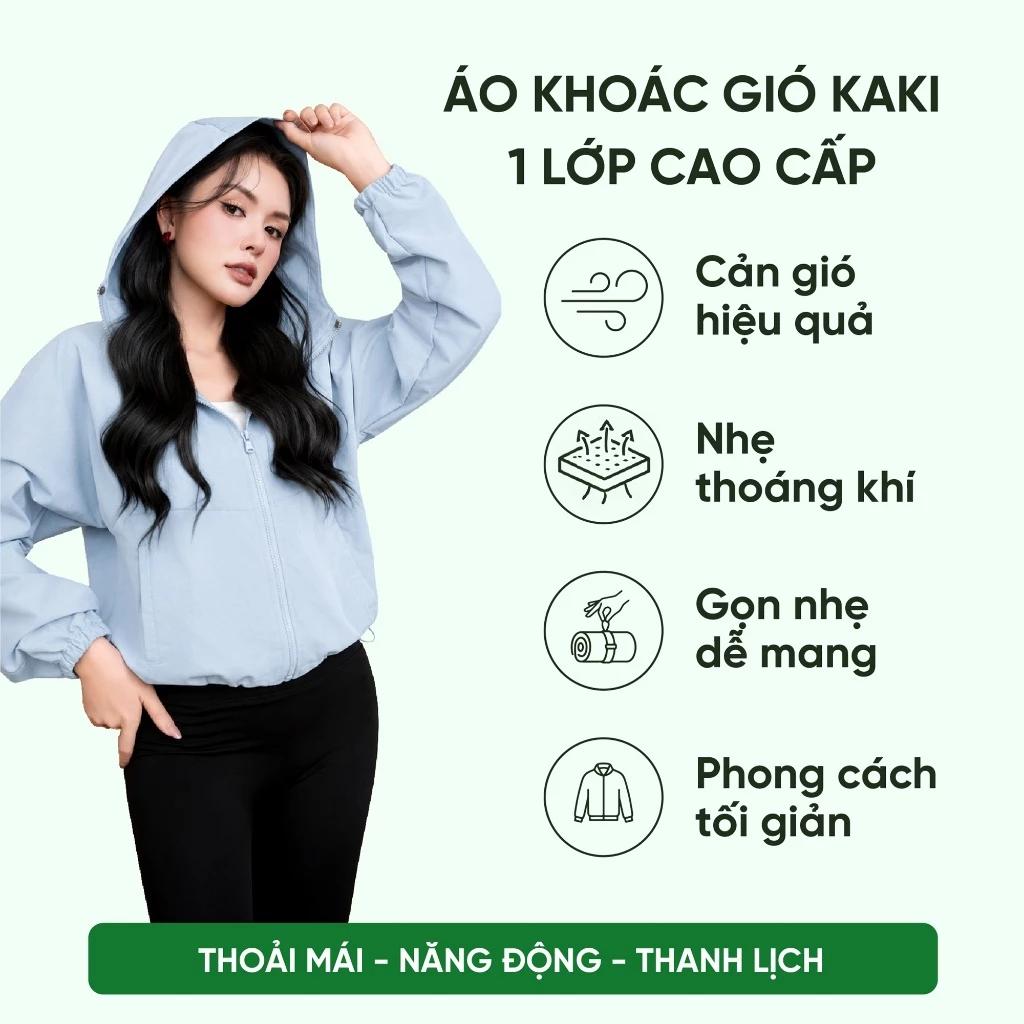 [HOT] Áo Khoác Gió Kaki 1 Lớp GUNO Nữ Cao Cấp Chống Gió Có Mũ Form Rộng Dây Rút Thời Trang 26AG196