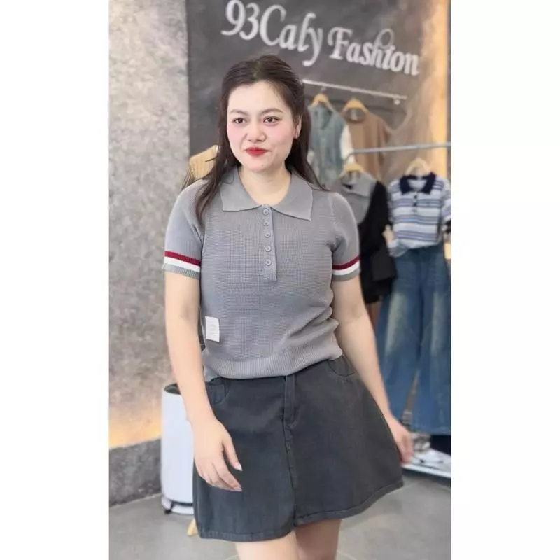 452 BIGGSIZE Áo polo len dệt nữ basic phối viền tay cao cấp