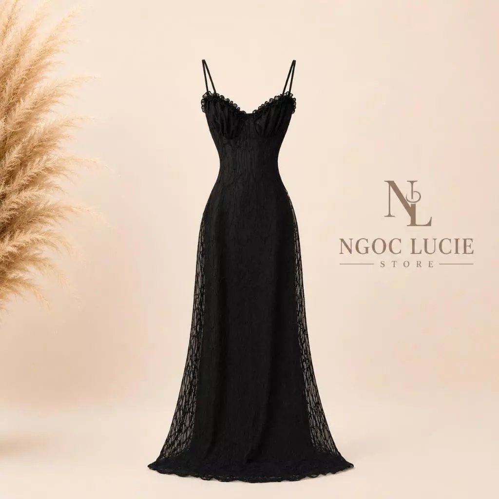 D1114 - Đầm Hai Dây Viền Bèo Ngực Họa Tiết Ren Rạn Dáng Maxi Ôm Gợi Cảm Ngọc Lucie
