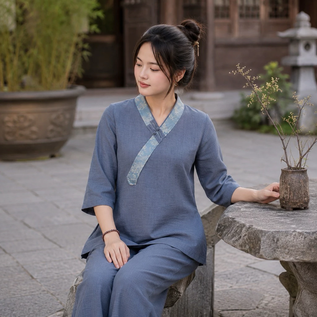 Bộ đồ lam đi chùa nữ vải đũi mềm cao cấp phối gấm siêu xinh Trung niên hoặc trẻ đều mặc đẹp