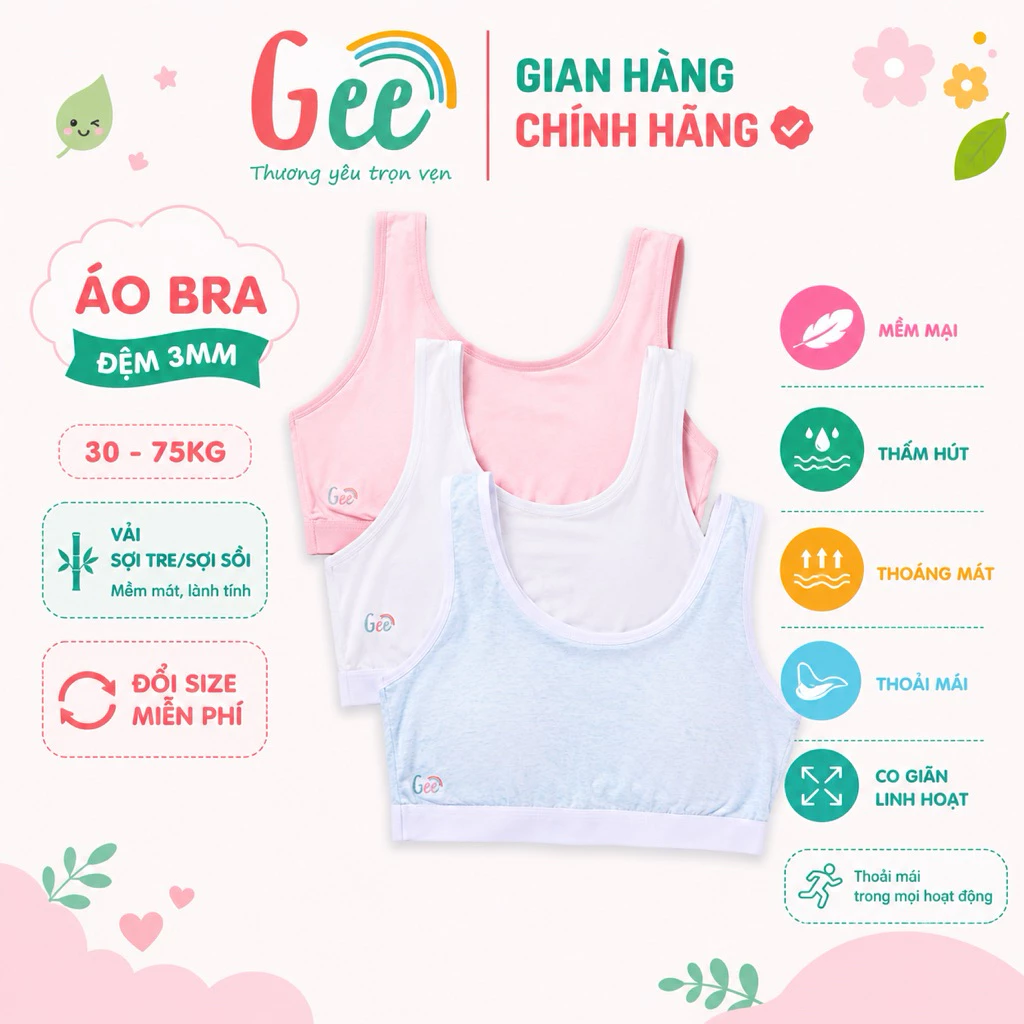 Áo bra bé gái Gee có đệm mút, áo lá học sinh size 30-60kg, vải sợi tre, sợi sồi mềm mịn, thấm hút, co giãn dễ chịu