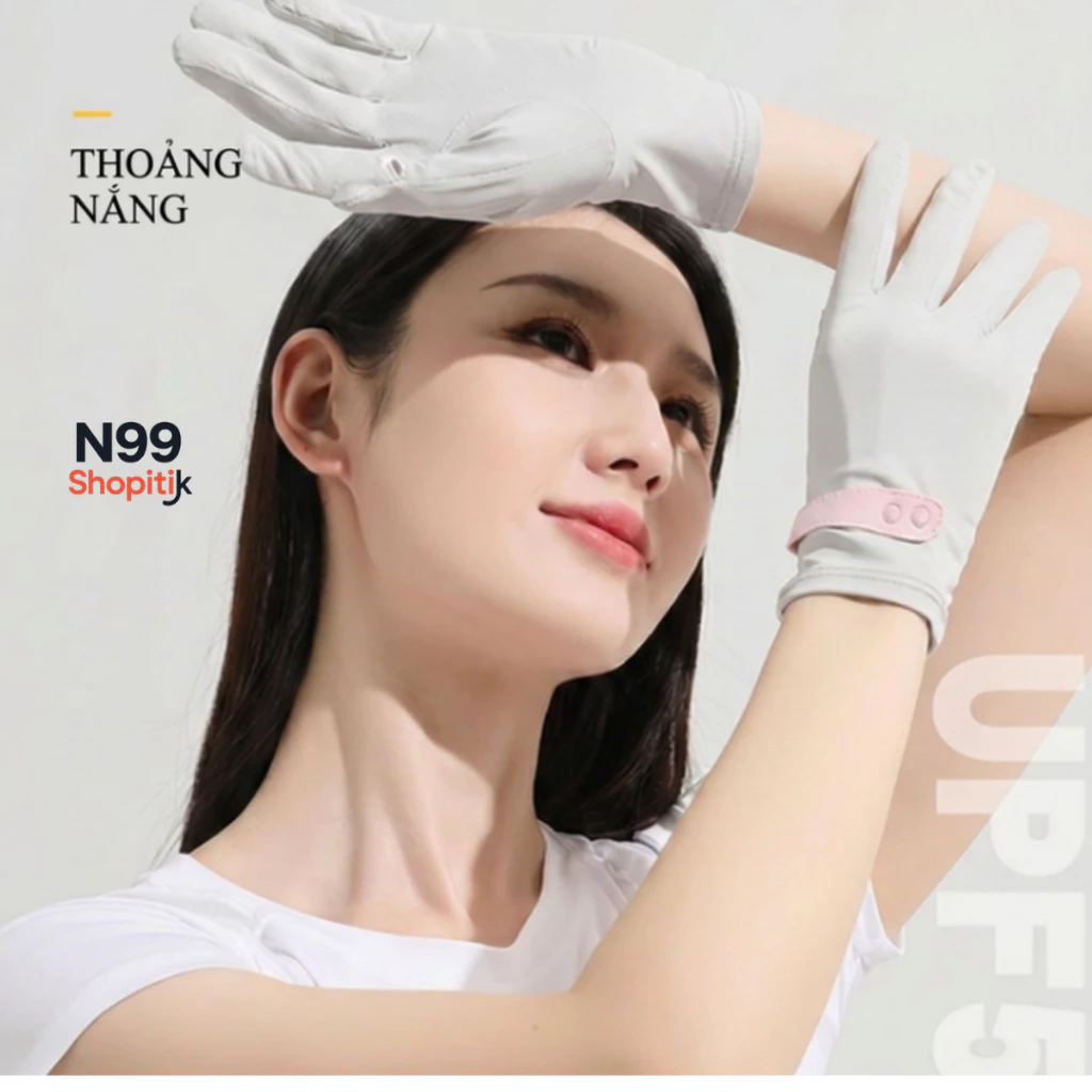 Găng Tay Chống Nắng Lụa Lạnh Mát Có Hạt Silicon Chống Trượt, 2 Nút Khóa Cổ Tay