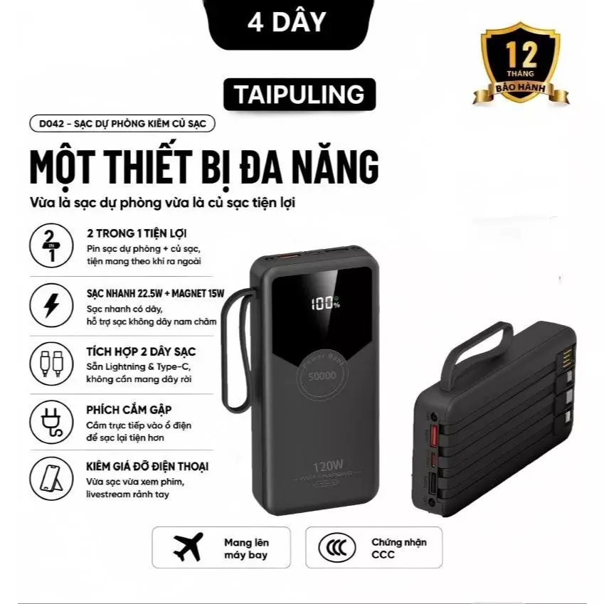 Sạc dự phòng 50000mAh 30000mah sạc nhanh 120W pin dung lượng lớn có dây cắm nhiều điện thoại