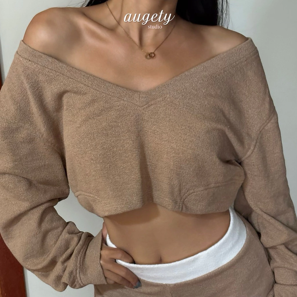 Áo Croptop Tay Dài Thu Đông Cổ Tim Vải Terry Pile Augety Studio, MILLIE TOP