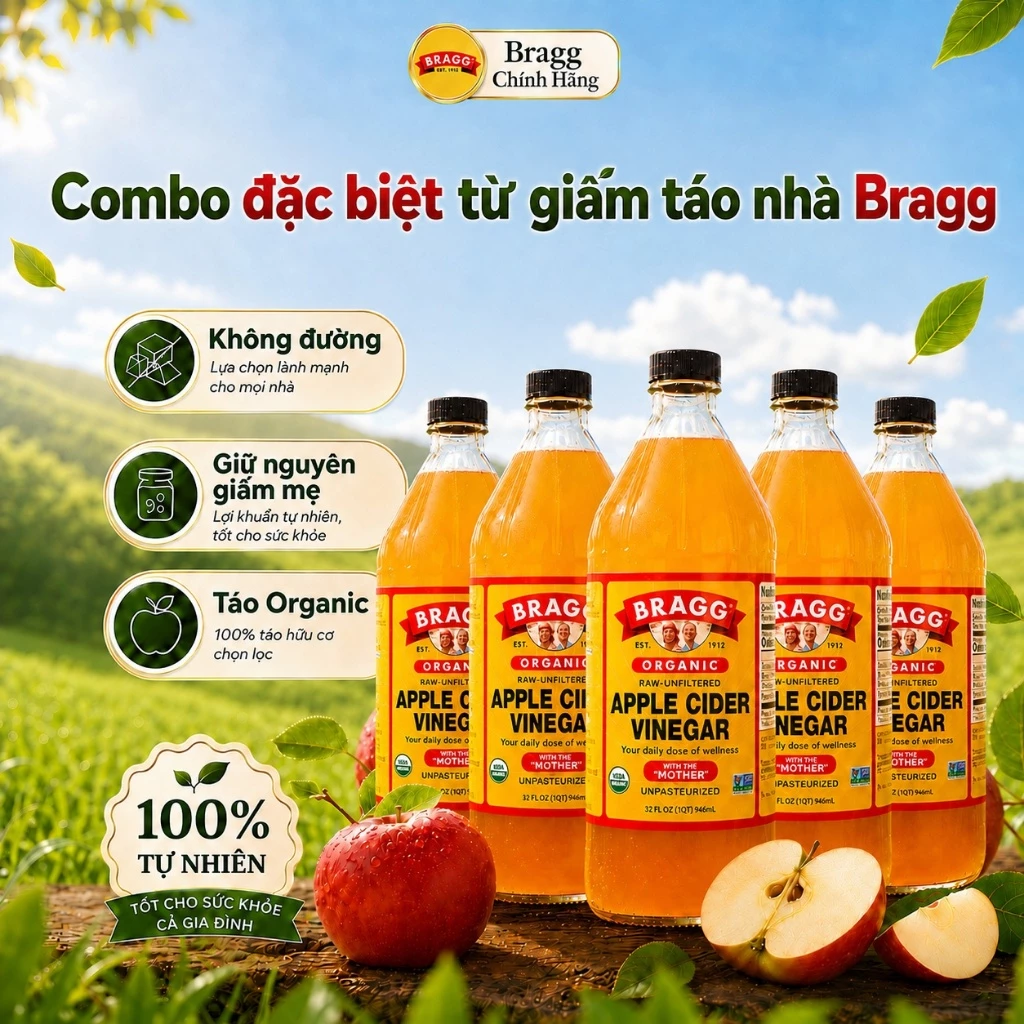 [COMBO TIẾT KIỆM  5 CHAI] Giấm Táo Hữu Cơ Bragg 473ml Có Con Giấm Mẹ – Giấm Táo Organic Mỹ