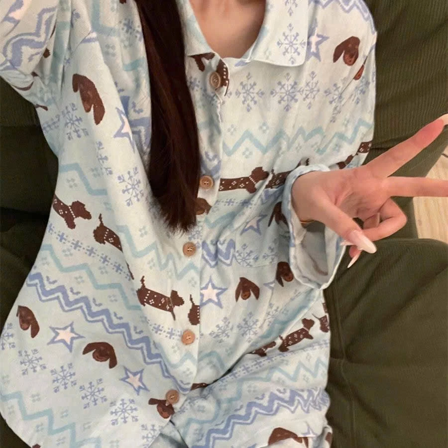Bộ Đồ Ngủ Nữ Dài Tay Họa Tiết Cún, Pijama Nữ Quần Dài Mềm Mịn Phong Cách Hàn Quốc