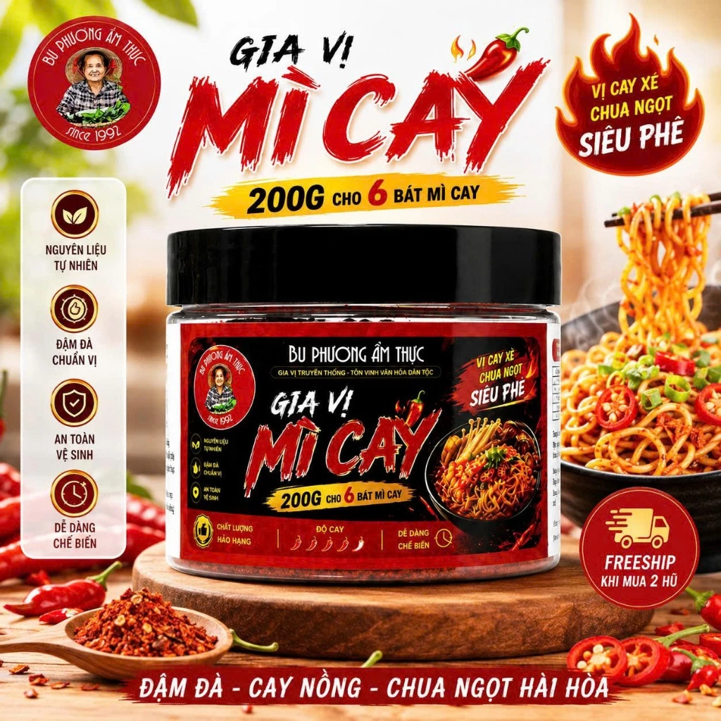 Gia Vị Mì Cay 200G Bu Phương Ẩm Thực – Chuẩn Vị Hàn Quốc | 1 Hũ Nấu 6 Bát Mì Cay Đậm Đà