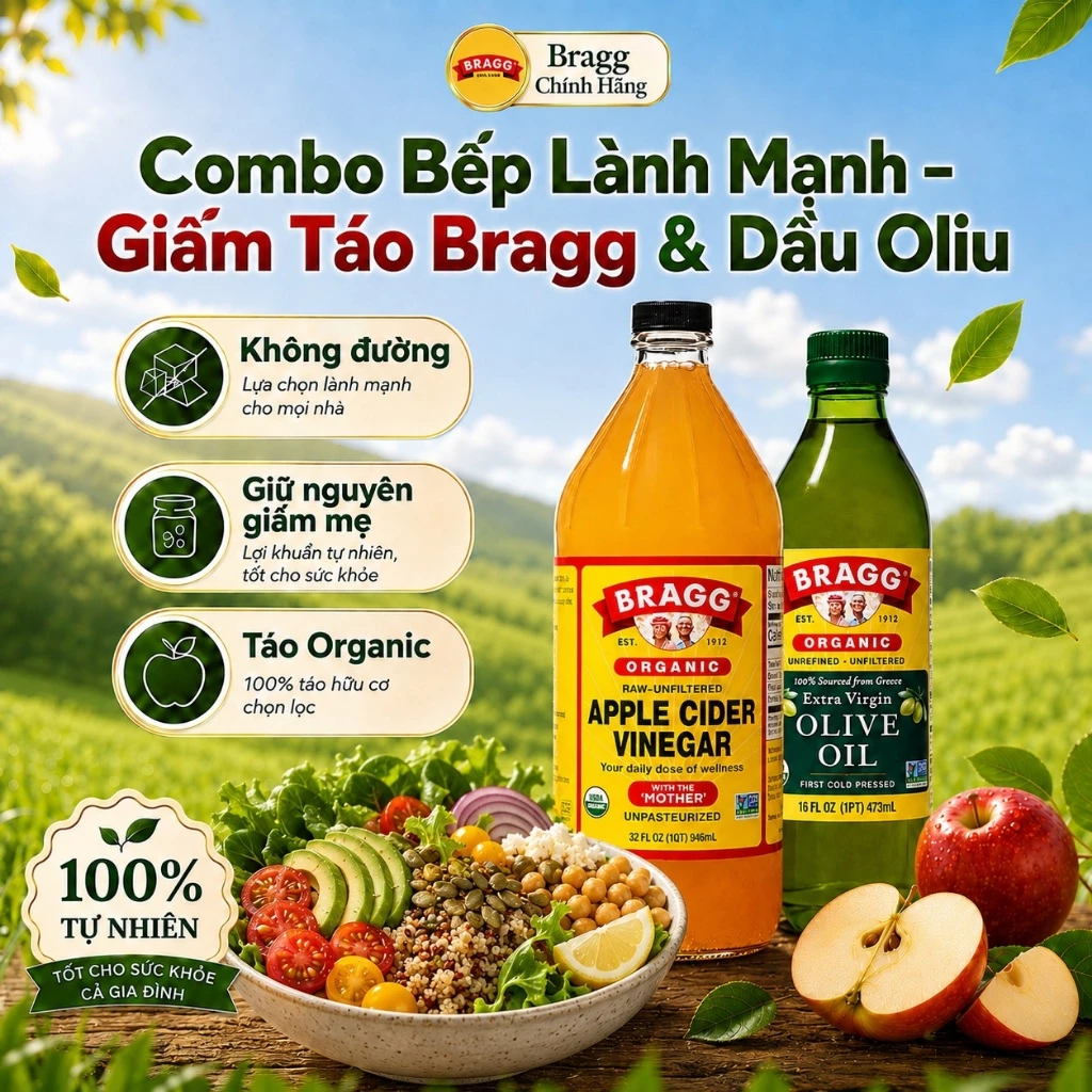 Bộ Đôi Gian Bếp Nhà Bragg - Giấm Táo Hữu Cơ 473ml + Dầu Oliu Hữu Cơ Ép Lạnh 473ml