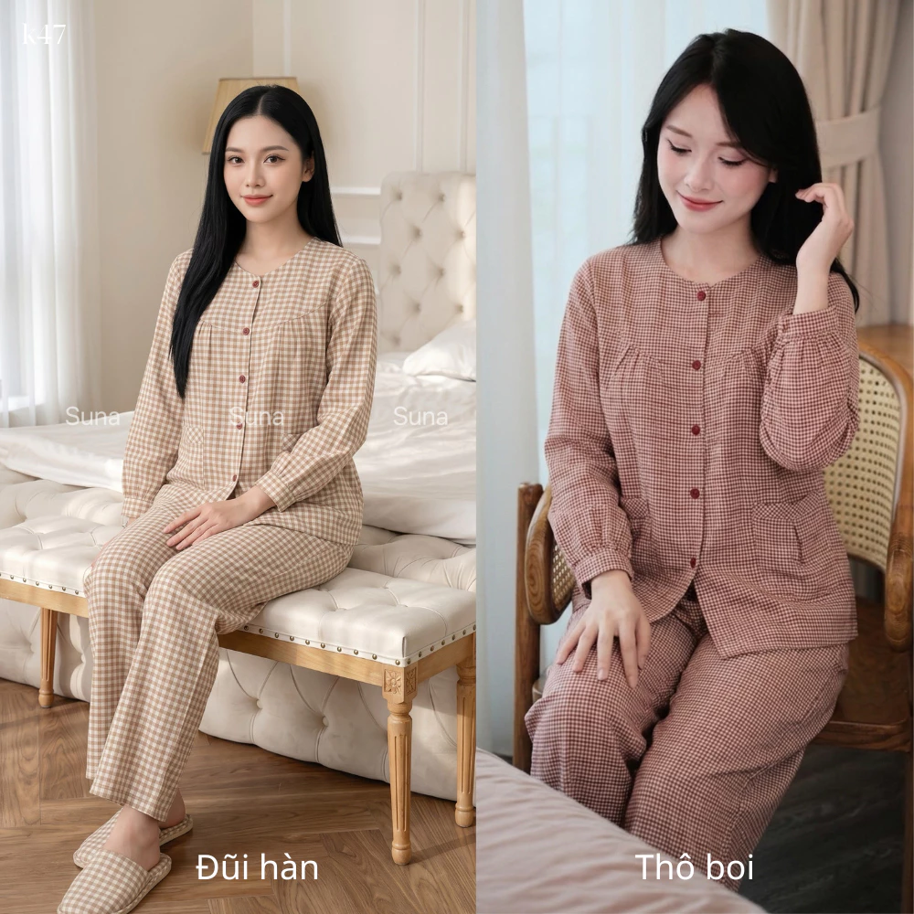K47-Đồ Mặc Nhà Đẹp-Đồ Pijama Nữ Kẻ Caro Chất Mềm Mịn,Thoải Mái,Quần Dài Có Túi, Xếp Ly Ngực Suna Clothing