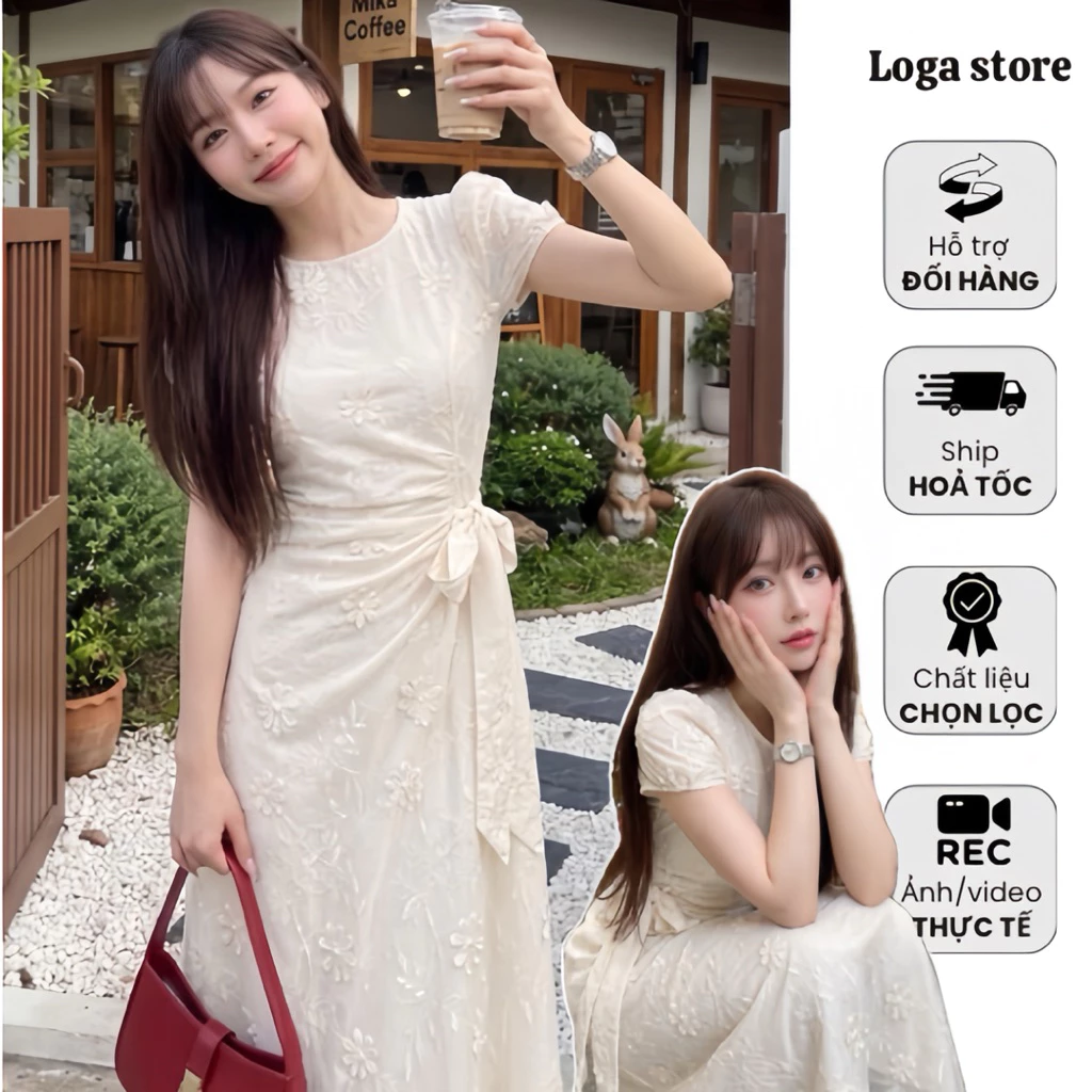 Đầm Maxi Nữ Thêu Hoa Tay Phồng Chiết Eo Thắt Nơ Dáng Dài Phong Cách Hàn Quốc Logastore_L8138