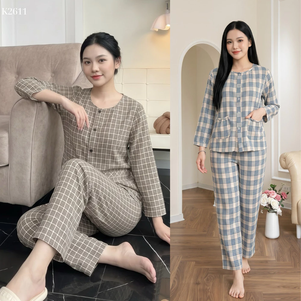 K2611-Đồ Bộ Kẻ Caro Pijama nữ Vải Thô Coton Caro Mềm Mịn Dễ Mặc