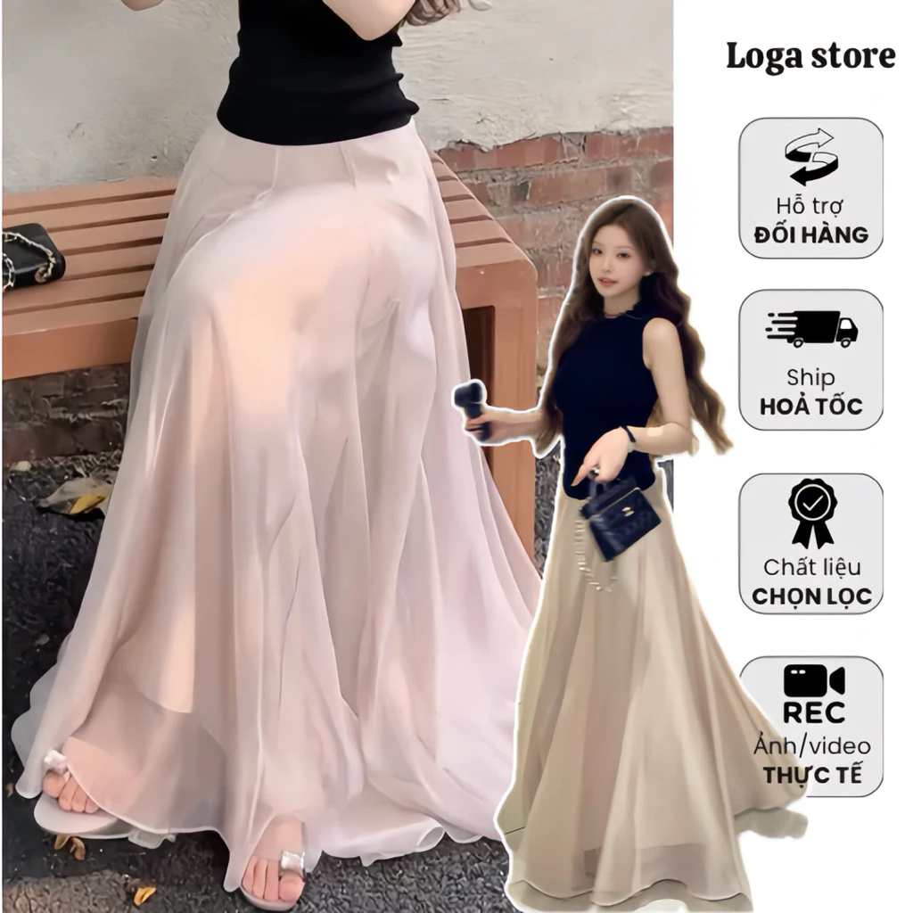 Chân Váy Maxi Cạp Cao Dáng Xòe Dài Mềm Rũ Hồng Pastel Nữ Tính Thời Trang Hàn Quốc Logastore_L8131