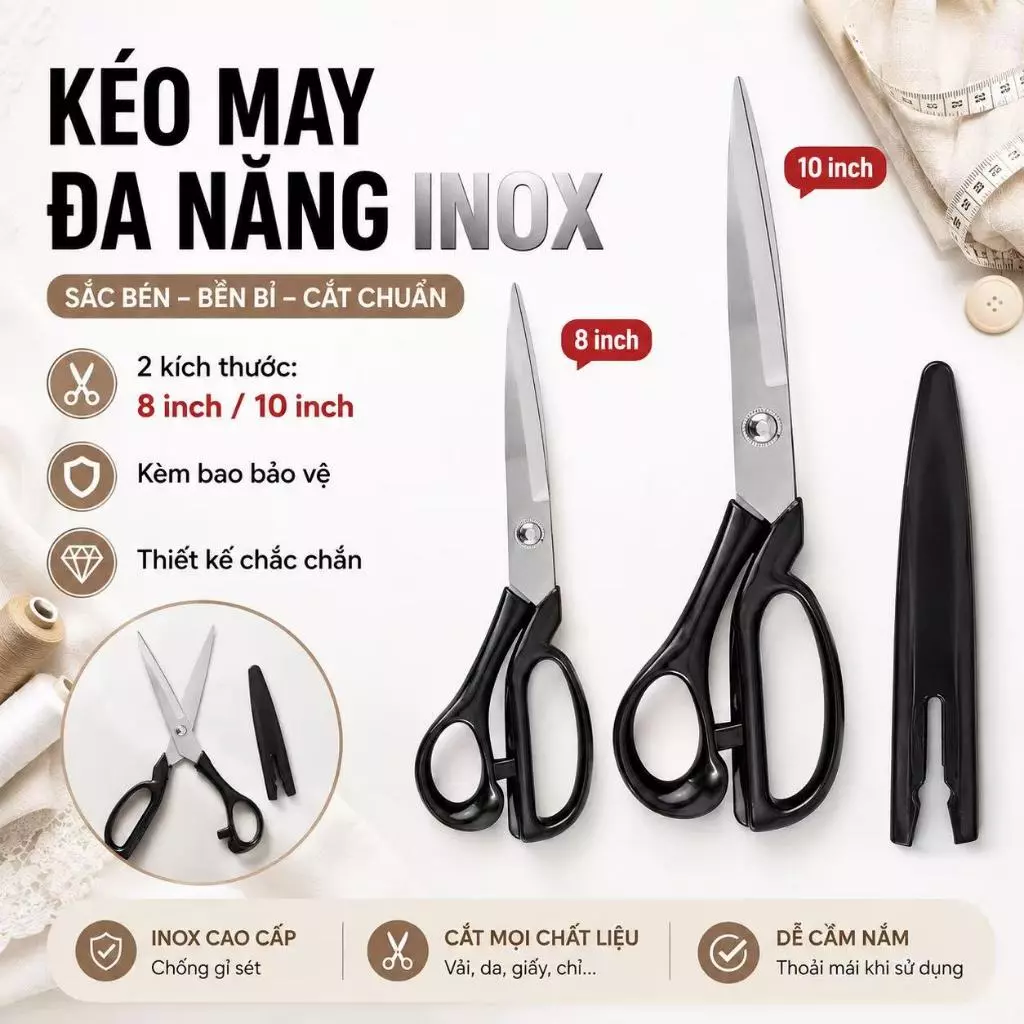 Kéo thợ may K38 kéo cắt vải chuyên dùng, lưỡi thép không gỉ, độ bền cao, sắc bén