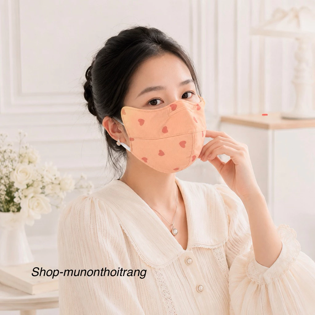Khẩu trang vải chống nắng tai mèo mũi kẽm dây rút in hoa nhí, Khẩu trang chống nắng tái sử dụng