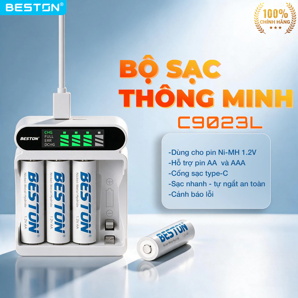 Bộ Sạc 4 pin AA AAA Beston C9023L, sạc nhanh,tự ngắt khi đầy, đèn báo thông minh, dùng cho pin 2A 3A