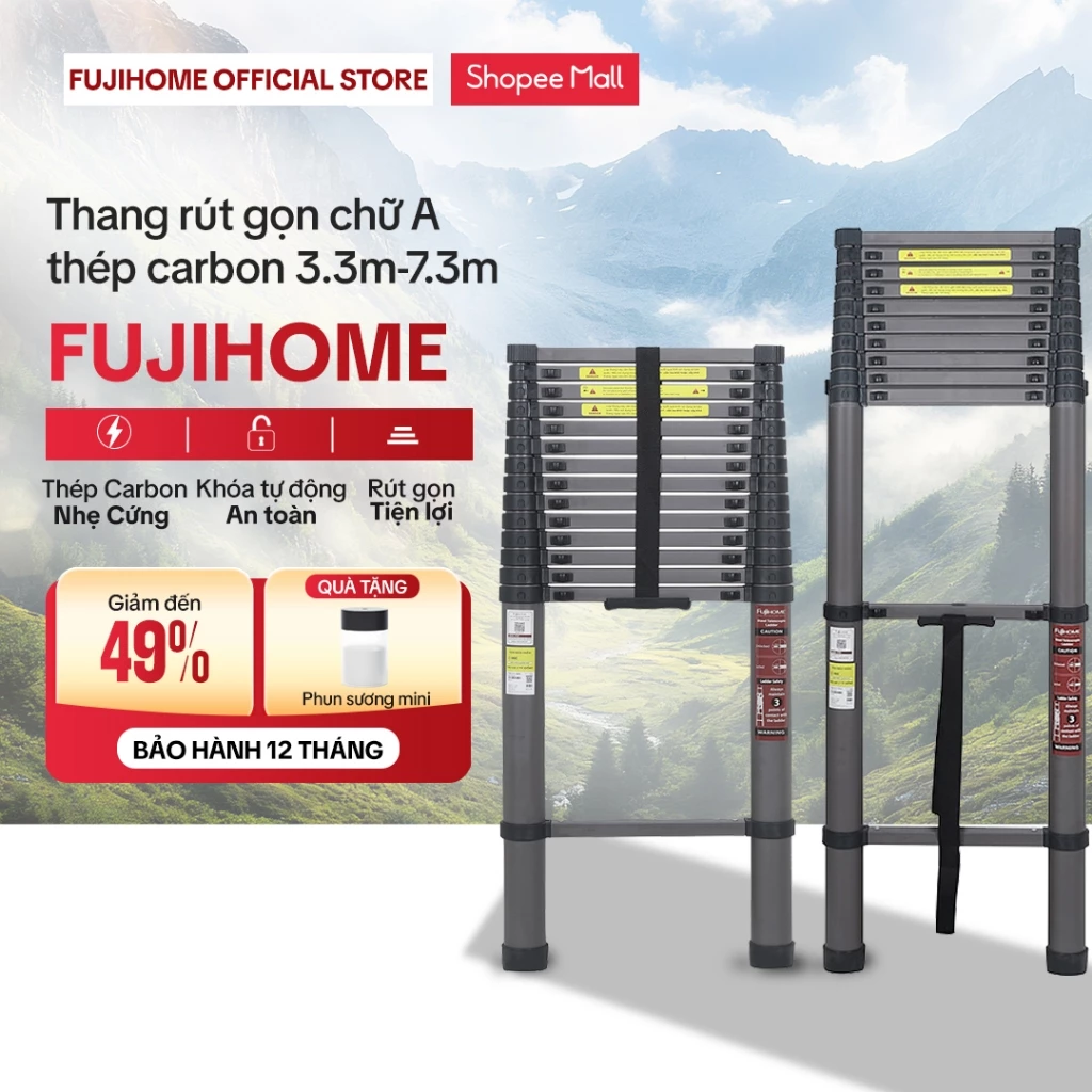 Thang rút đơn thép carbon 2.6M - 5.8M FUJIHOME, thang rút xếp gọn chữ I chịu lực cao đa năng an toàn telescopic ladder