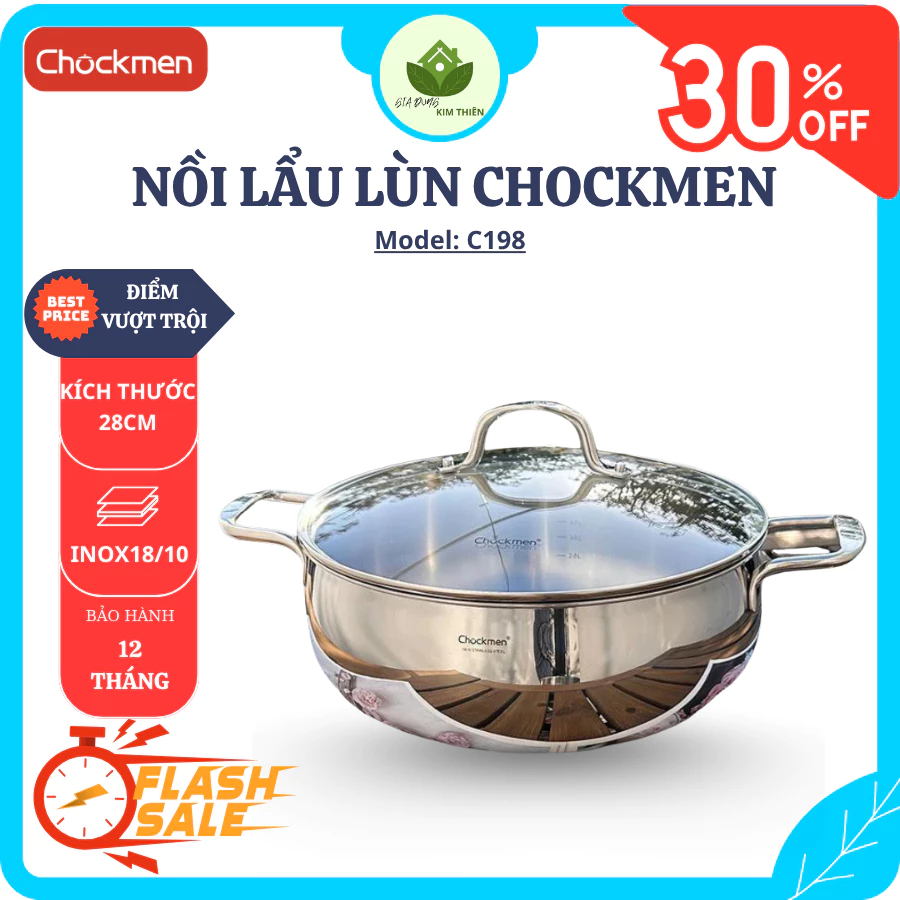 Nồi Lẩu Lùn CHOCKMEN C198 Inox 18/10 Cao Cấp, Đúc Liền Nguyên Khối, Thiết Kế Dày Dặn - Gia Dụng Kim Thiên