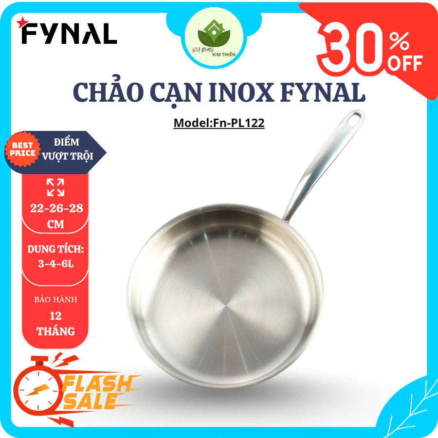 Chảo Cạn Inox FYNAL FN-PL122 22cm, Inox 316 Cao Cấp, Đúc 3 Lớp Đáy Liền, Dùng Mọi Loại Bếp - Gia Dụng Kim Thiên
