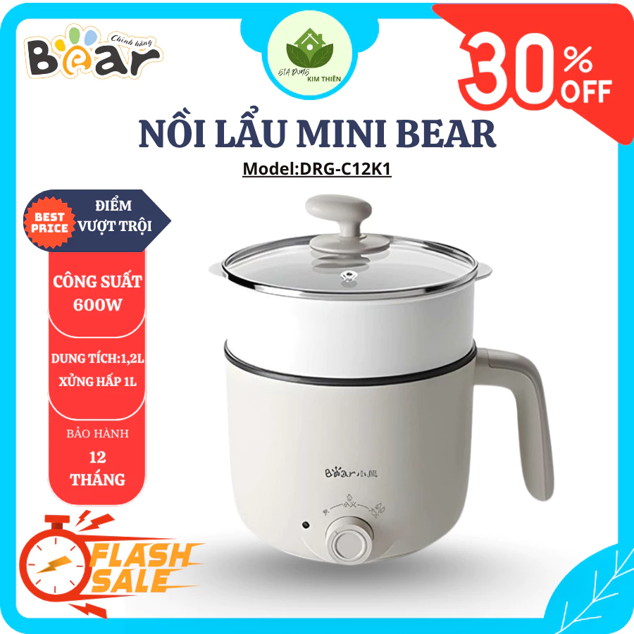 Nồi Lẩu Điện Bear DRG-C12K1 1.2L, 2 Mức Công Suất 300W/600W, Lòng Chống Dính, Dễ Vệ Sinh - Gia Dụng Kim Thiên