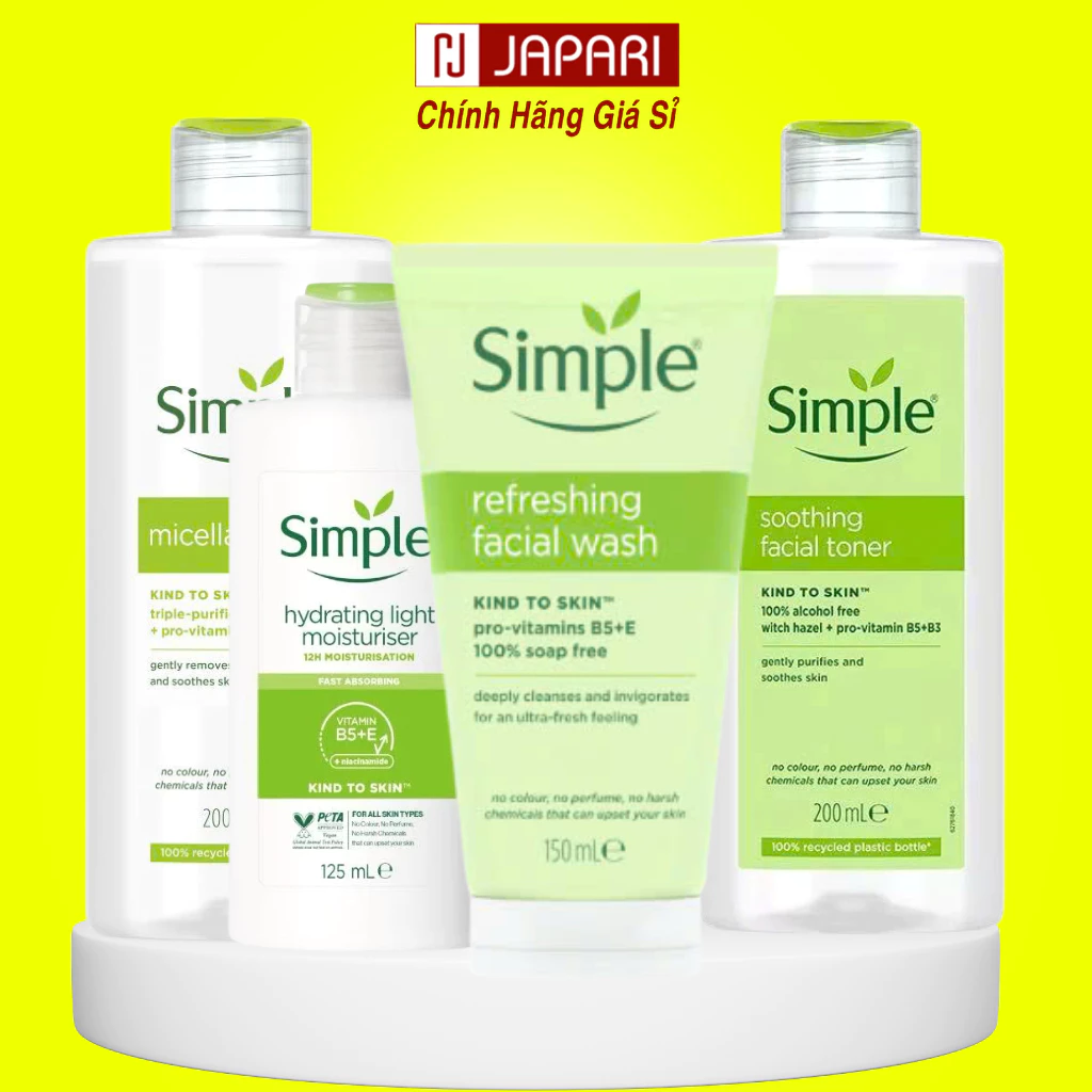 Sữa Rửa Mặt Simple + Nước Tẩy Trang Simple + Toner Nước Hoa Hồng Simple + Kem Dưỡng Ẩm Simple Chính Hãng Japari
