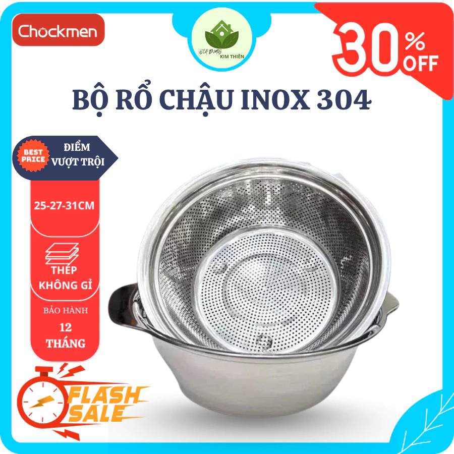 Bộ Rổ Chậu CHOCKMEN Inox Cao Cấp, Vành Rổ Dày Chắc Chắn, Lưới Nhỏ Thoát Nước Nhanh - Gia Dụng Kim Thiên