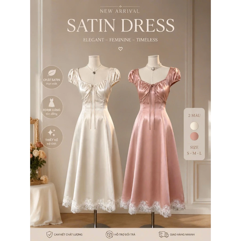 Đầm lụa SATIN dáng dài chân ren phong cách sang trọng thanh lịch - SATIN DRESS