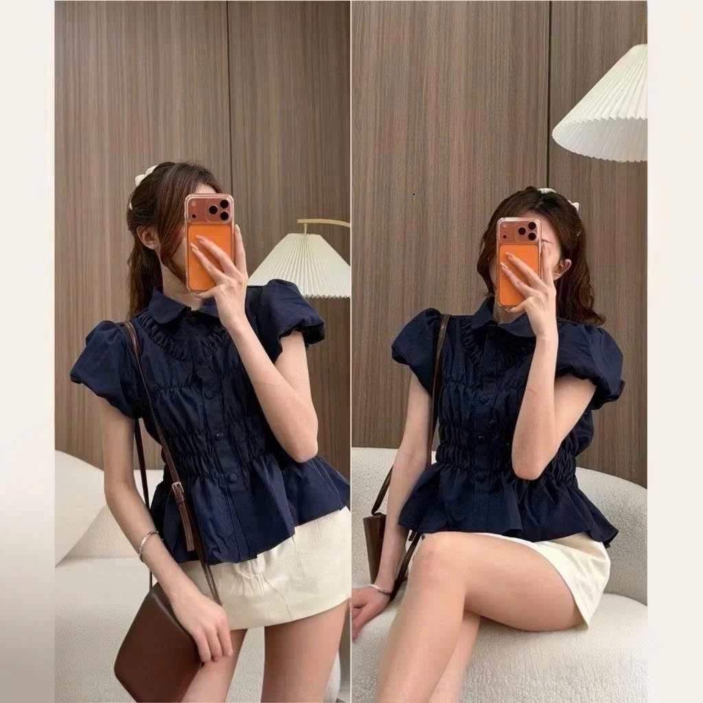 Áo Sơmi Babydoll Cổ Sen Cúc Bọc Tay Bồng Chun Eo Phong Cách Hàn MA9777